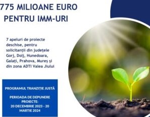 7 apeluri cu o alocare de peste 775 milioane euro, pentru IMM-urile din județele Gorj, Hunedoara, Dolj, Galați, Prahova, Mureș și ADTI Valea Jiului
